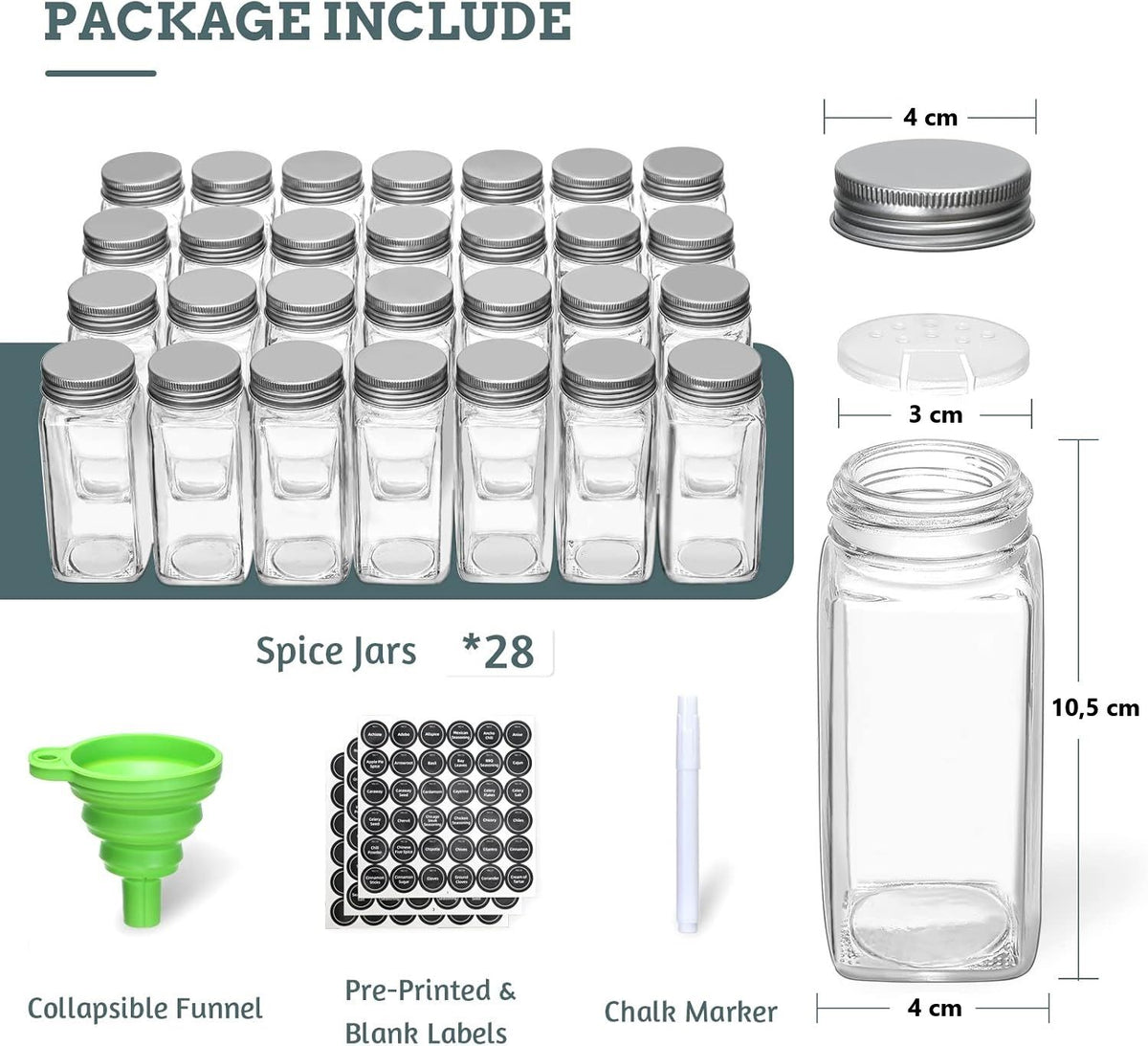Spice Rack Organizer with 28 Spice Jars | Spice Labels, Funnel & Marker | Kitchen Countertop