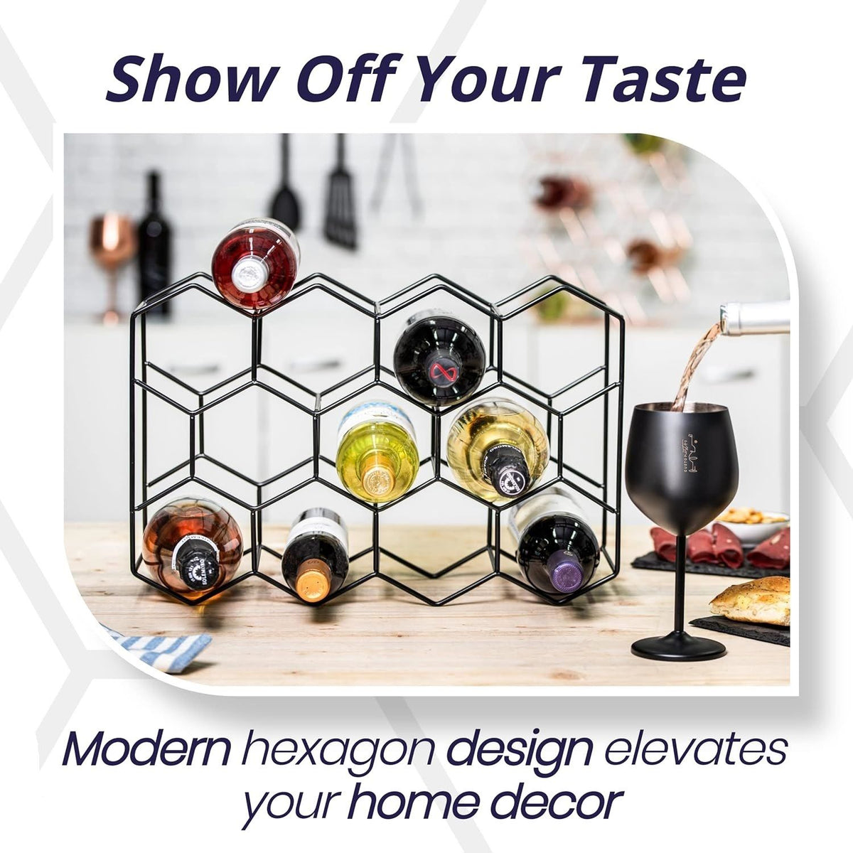 Freestanding Modern Wine Rack | 14 Bottle Capacity | Metal Countertop Design
