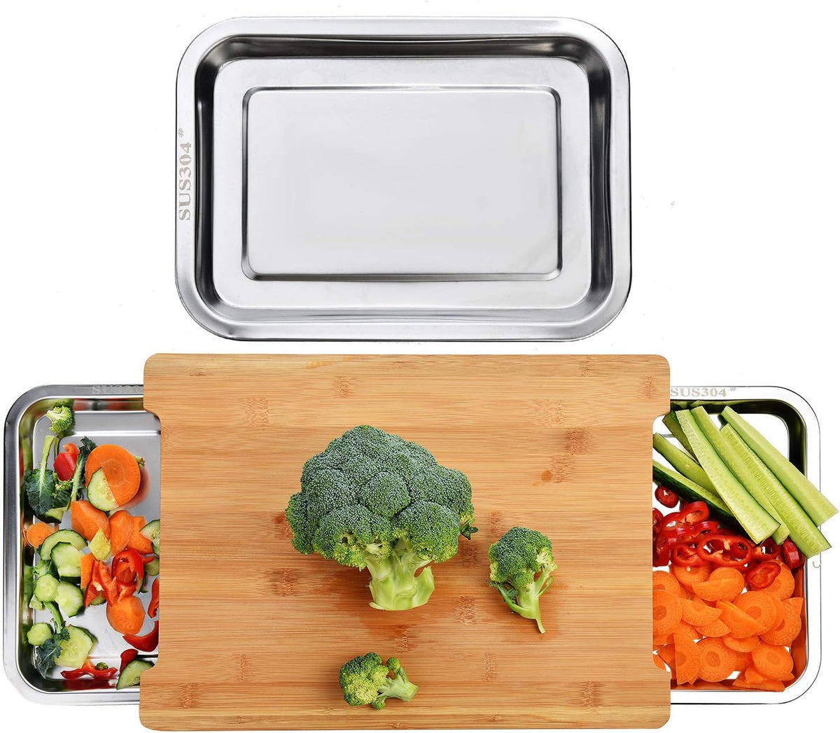 Chopping Board with 2 Organiser Stainless Steel Trays Containers | Kitchen Storage for Cutting & Sorting