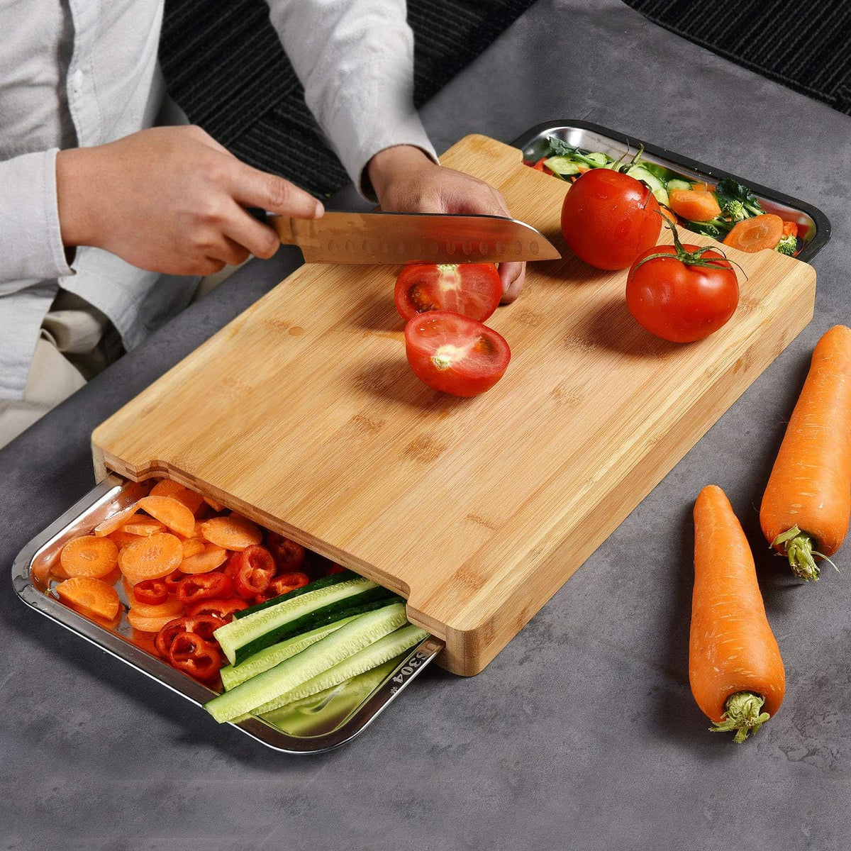 Chopping Board with 2 Organiser Stainless Steel Trays Containers | Kitchen Storage for Cutting & Sorting