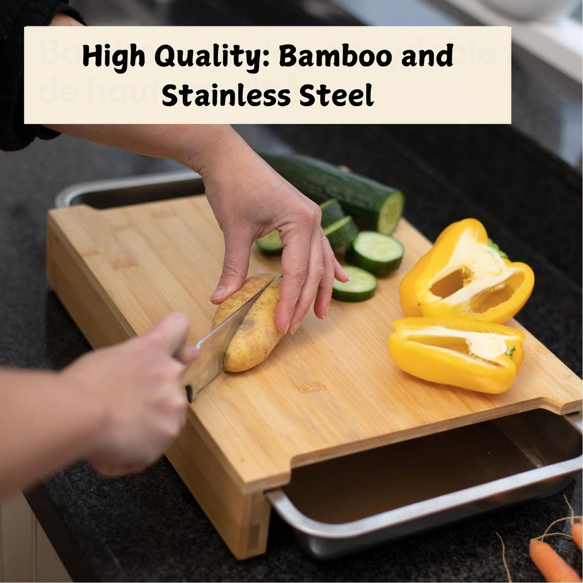 Chopping Board with 2 Organiser Stainless Steel Trays Containers | Kitchen Storage for Cutting & Sorting