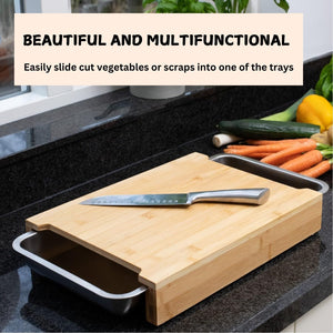 Chopping Board with 2 Organiser Stainless Steel Trays Containers | Kitchen Storage for Cutting & Sorting
