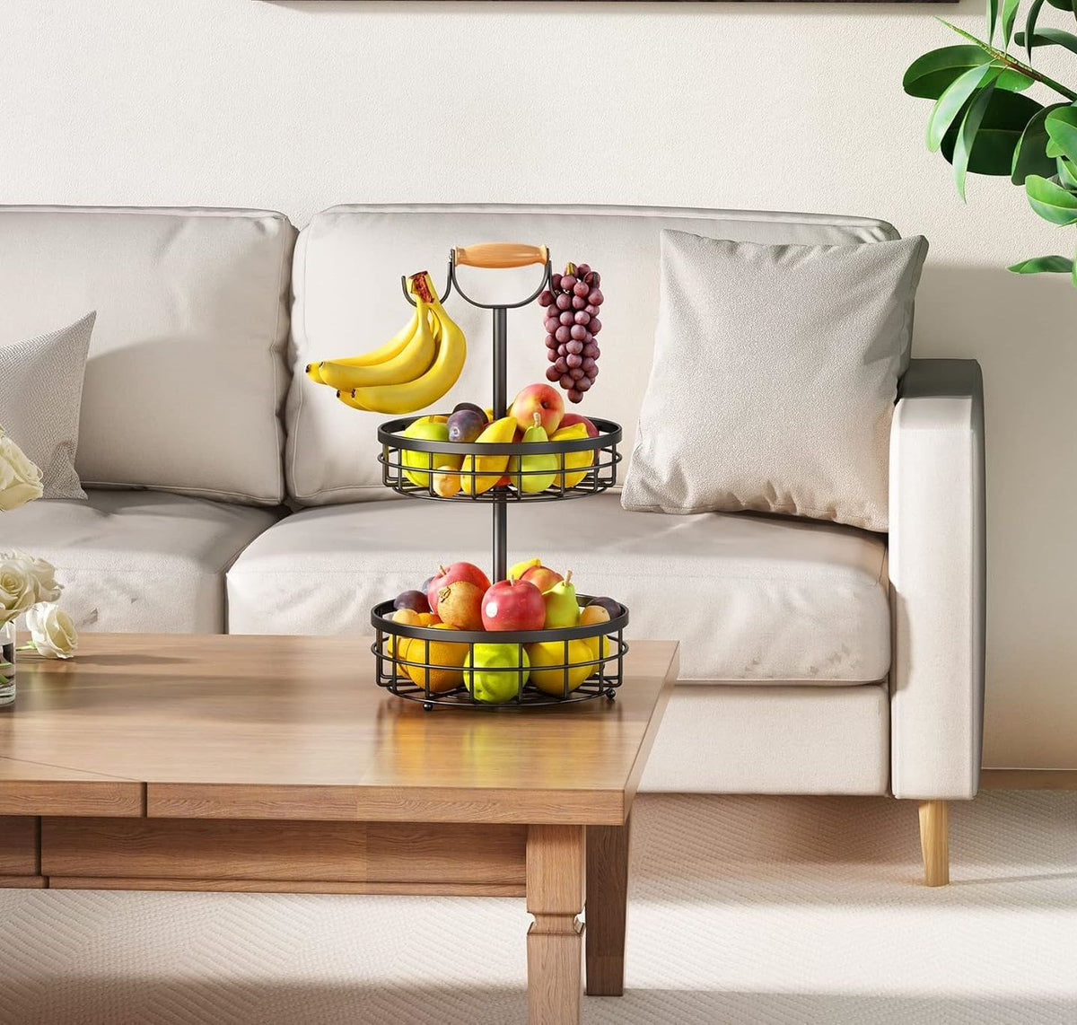 2-Tier Fruit Basket Bowl Storage | Wood Lift Handle & Dual Banana Tree Hanger for Kitchen Countertop