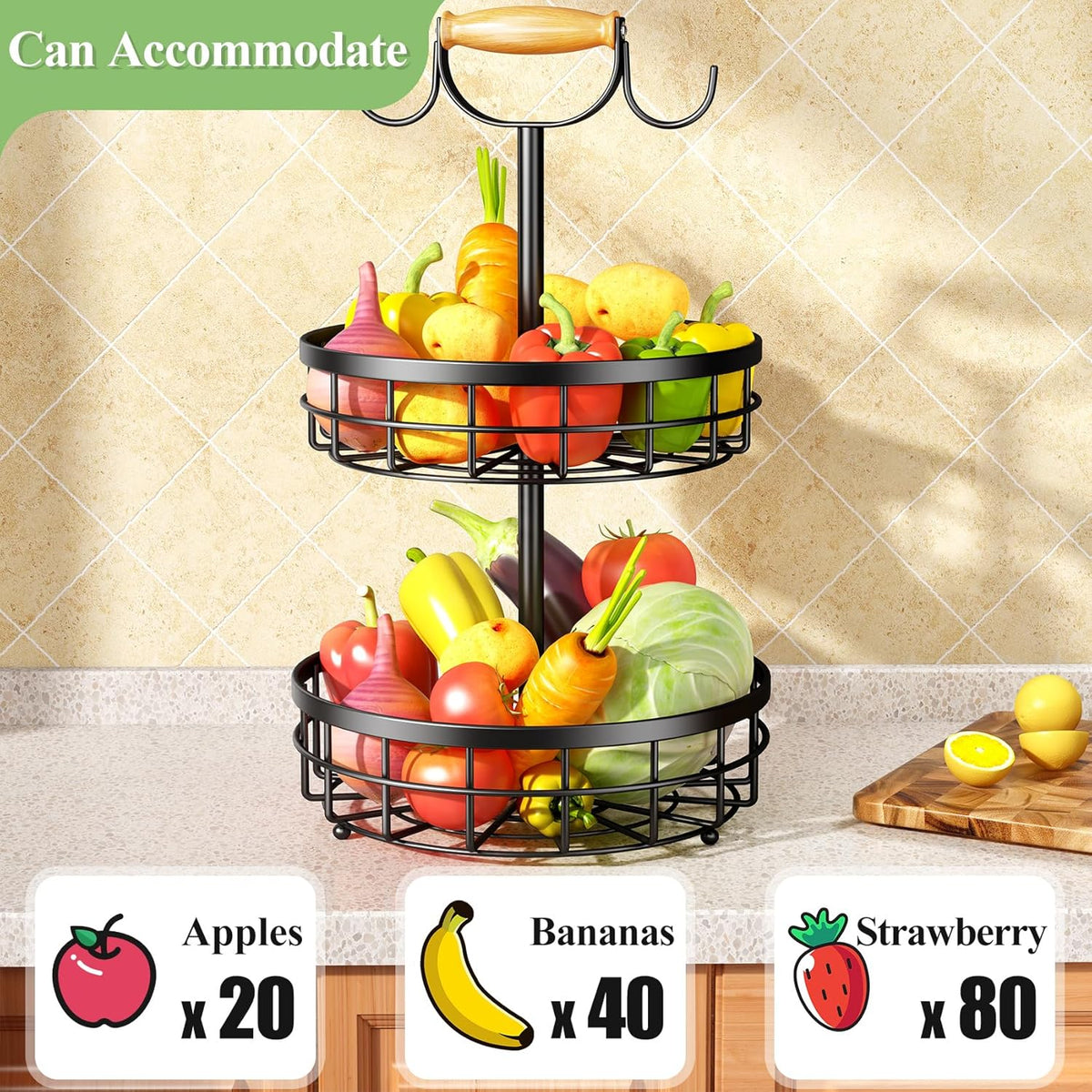 2-Tier Fruit Basket Bowl Storage | Wood Lift Handle & Dual Banana Tree Hanger for Kitchen Countertop