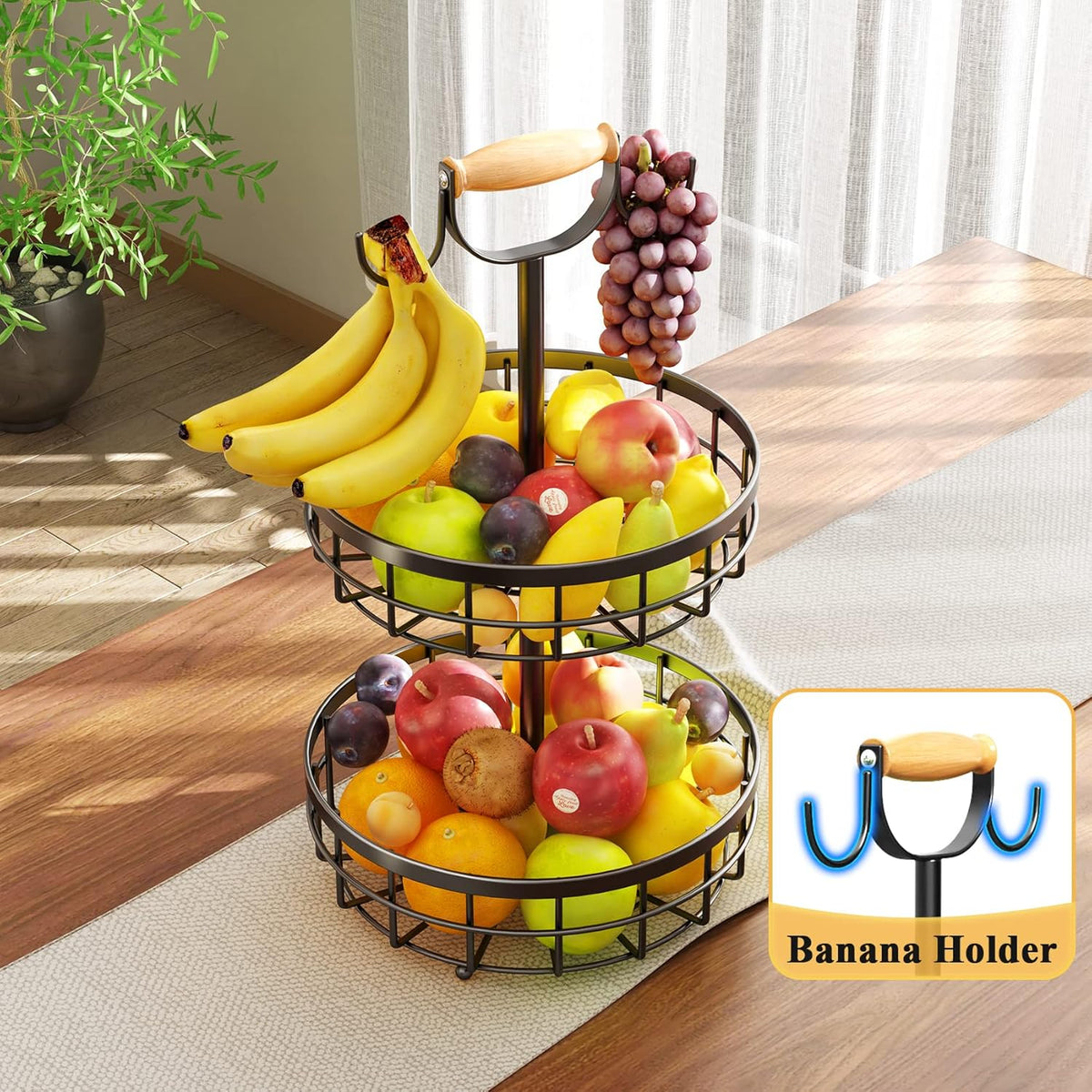 2-Tier Fruit Basket Bowl Storage | Wood Lift Handle & Dual Banana Tree Hanger for Kitchen Countertop