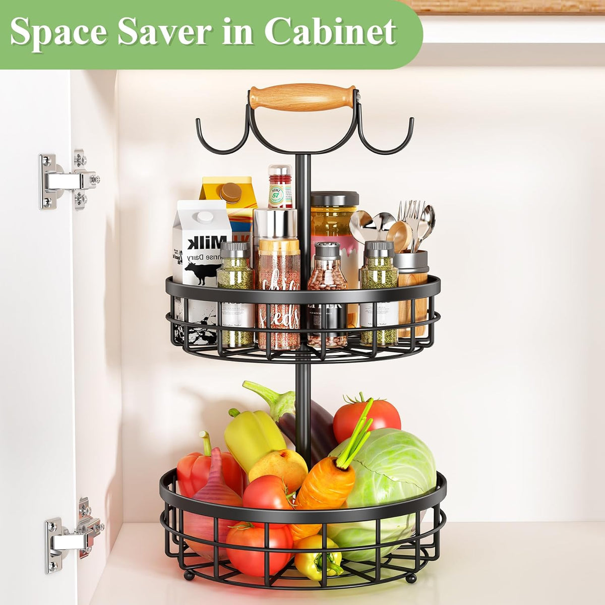 2-Tier Fruit Basket Bowl Storage | Wood Lift Handle & Dual Banana Tree Hanger for Kitchen Countertop