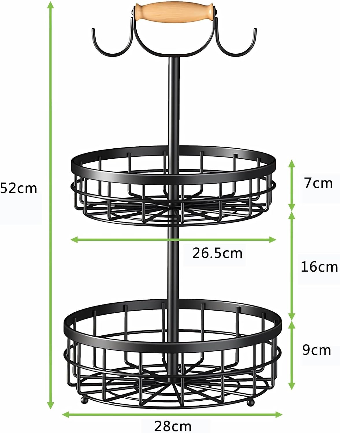 2-Tier Fruit Basket Bowl Storage | Wood Lift Handle & Dual Banana Tree Hanger for Kitchen Countertop