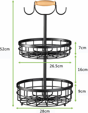 2-Tier Fruit Basket Bowl Storage | Wood Lift Handle & Dual Banana Tree Hanger for Kitchen Countertop