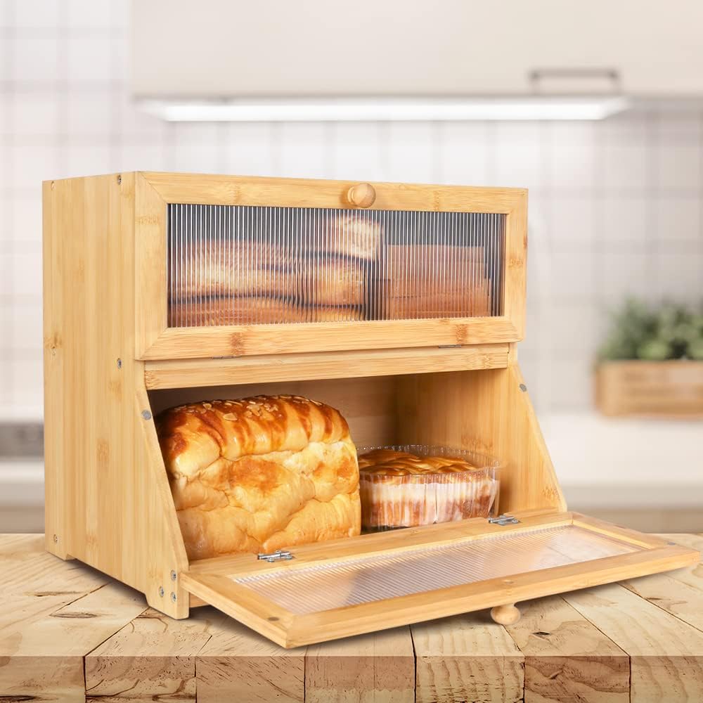 Double Layer Bamboo Bread Box for Kitchen Counter | Large Capacity | Clear Window