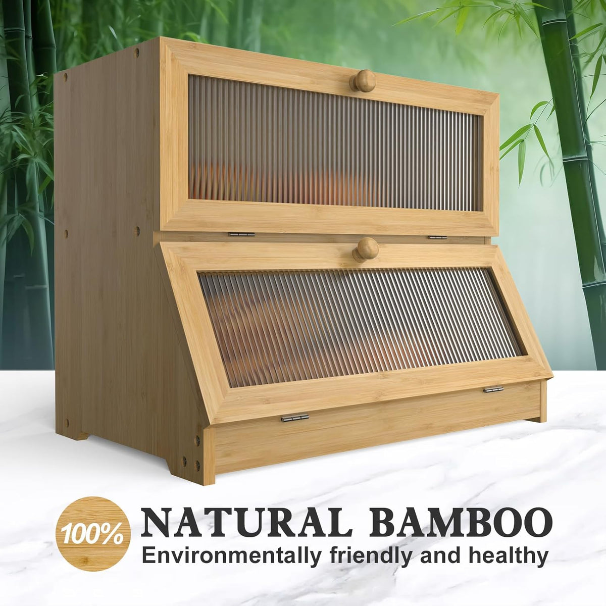 Double Layer Bamboo Bread Box for Kitchen Counter | Large Capacity | Clear Window