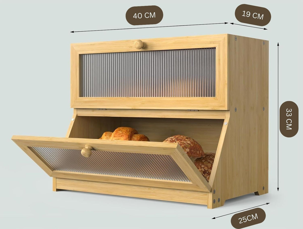 Double Layer Bamboo Bread Box for Kitchen Counter | Large Capacity | Clear Window