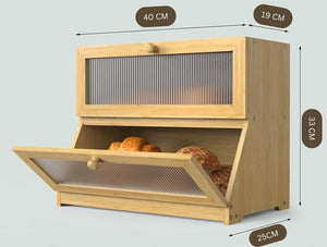 Double Layer Bamboo Bread Box for Kitchen Counter | Large Capacity | Clear Window