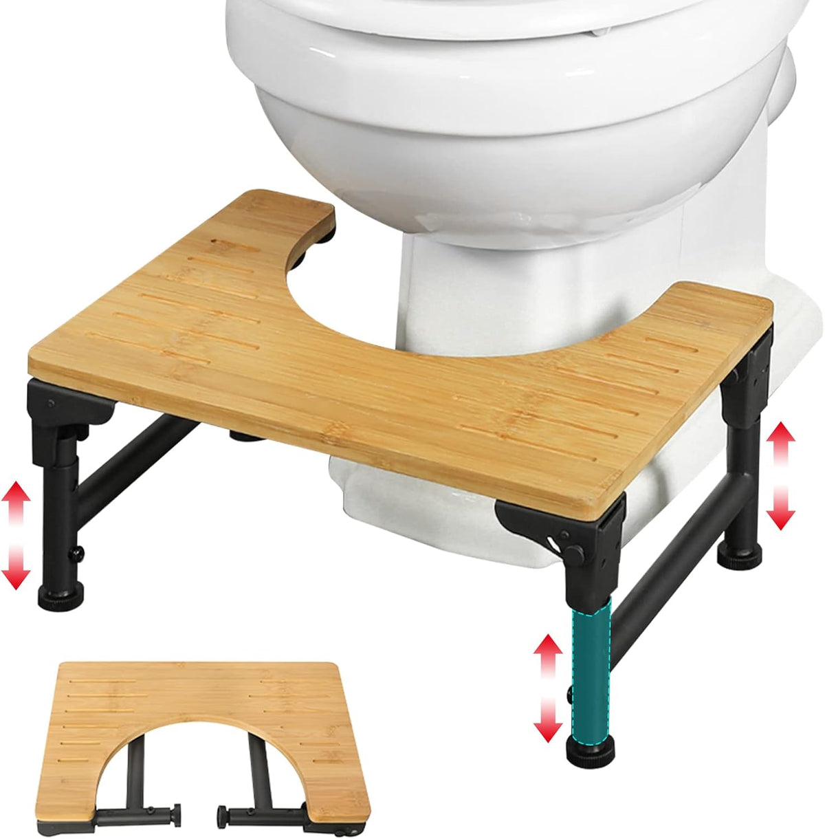Toilet Stool | Bamboo | Foldable + Adjustable Height | Non-Slip Bathroom Step