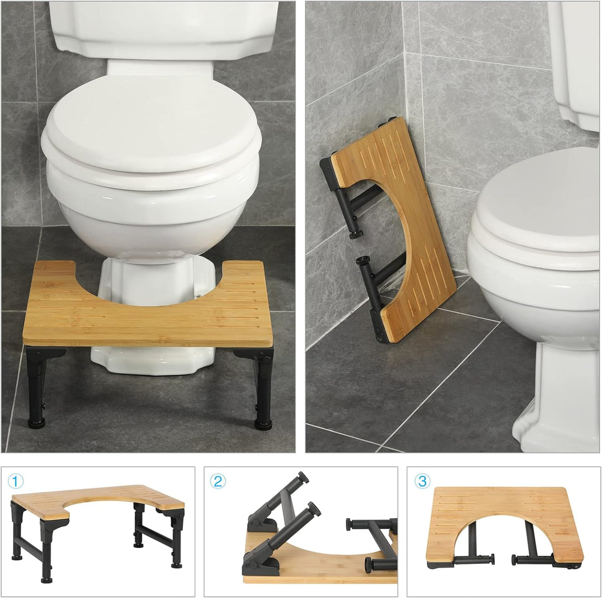 Toilet Stool | Bamboo | Foldable + Adjustable Height | Non-Slip Bathroom Step