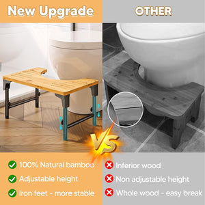 Toilet Stool | Bamboo | Foldable + Adjustable Height | Non-Slip Bathroom Step