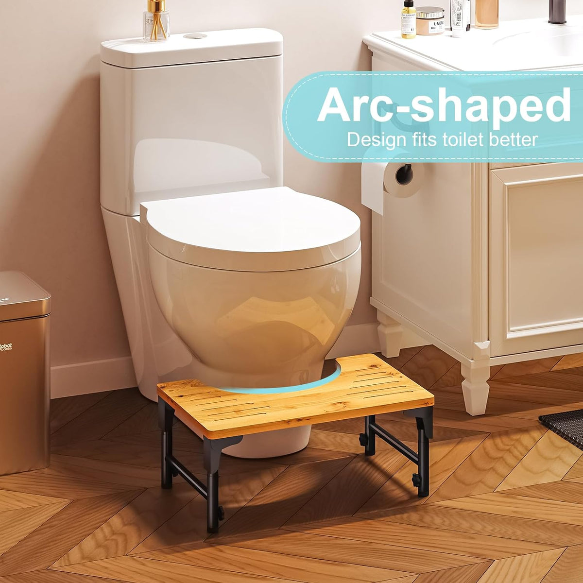Toilet Stool | Bamboo | Foldable + Adjustable Height | Non-Slip Bathroom Step