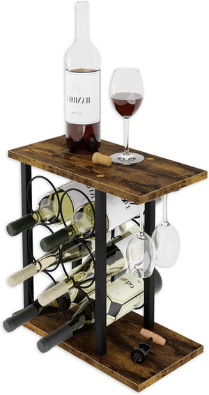Wine Rack Countertop | Wooden & Metal Holder | Fits 6 Bottles & 2 Glasses