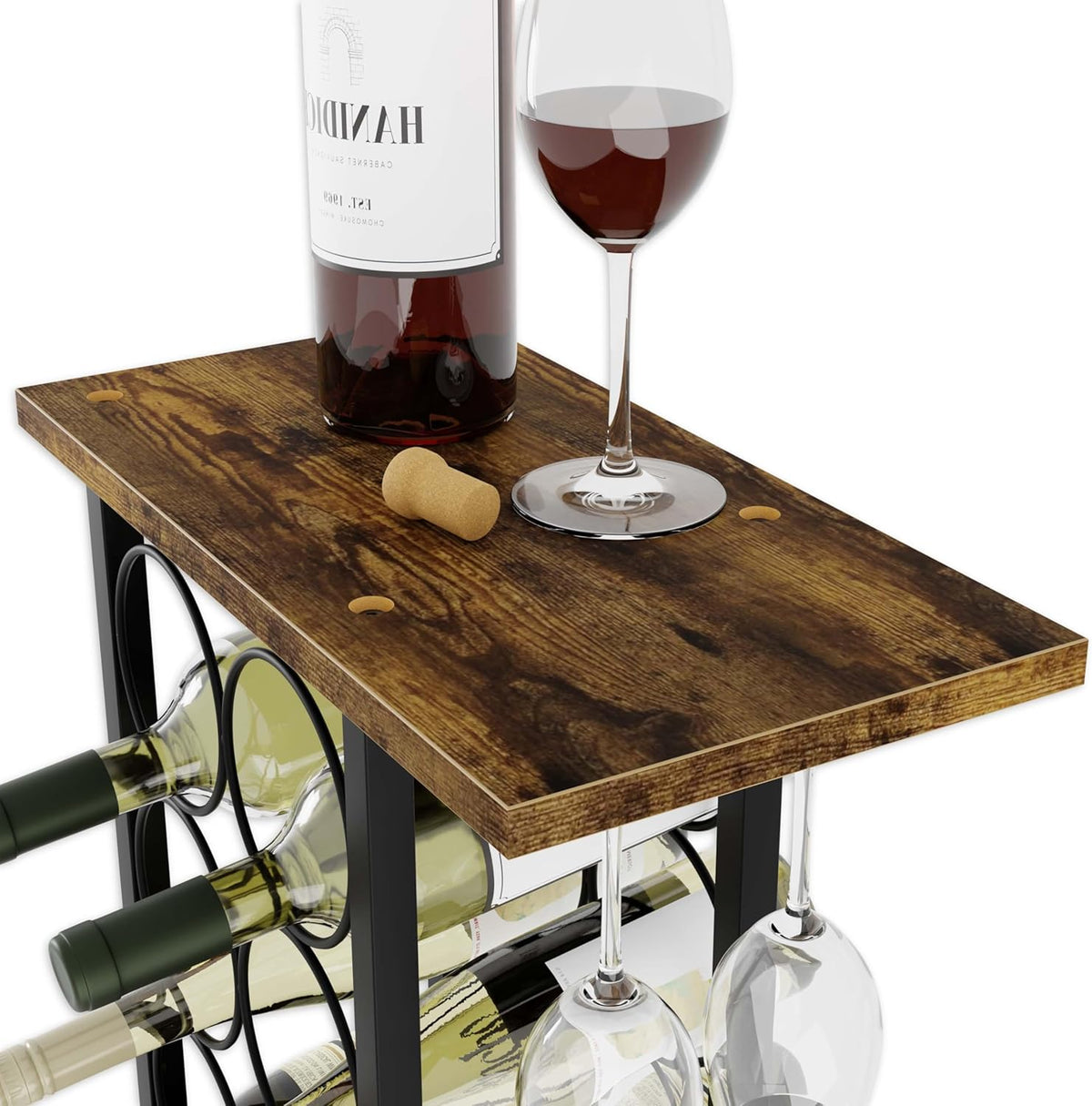 Wine Rack Countertop | Wooden & Metal Holder | Fits 6 Bottles & 2 Glasses