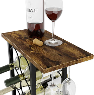 Wine Rack Countertop | Wooden & Metal Holder | Fits 6 Bottles & 2 Glasses