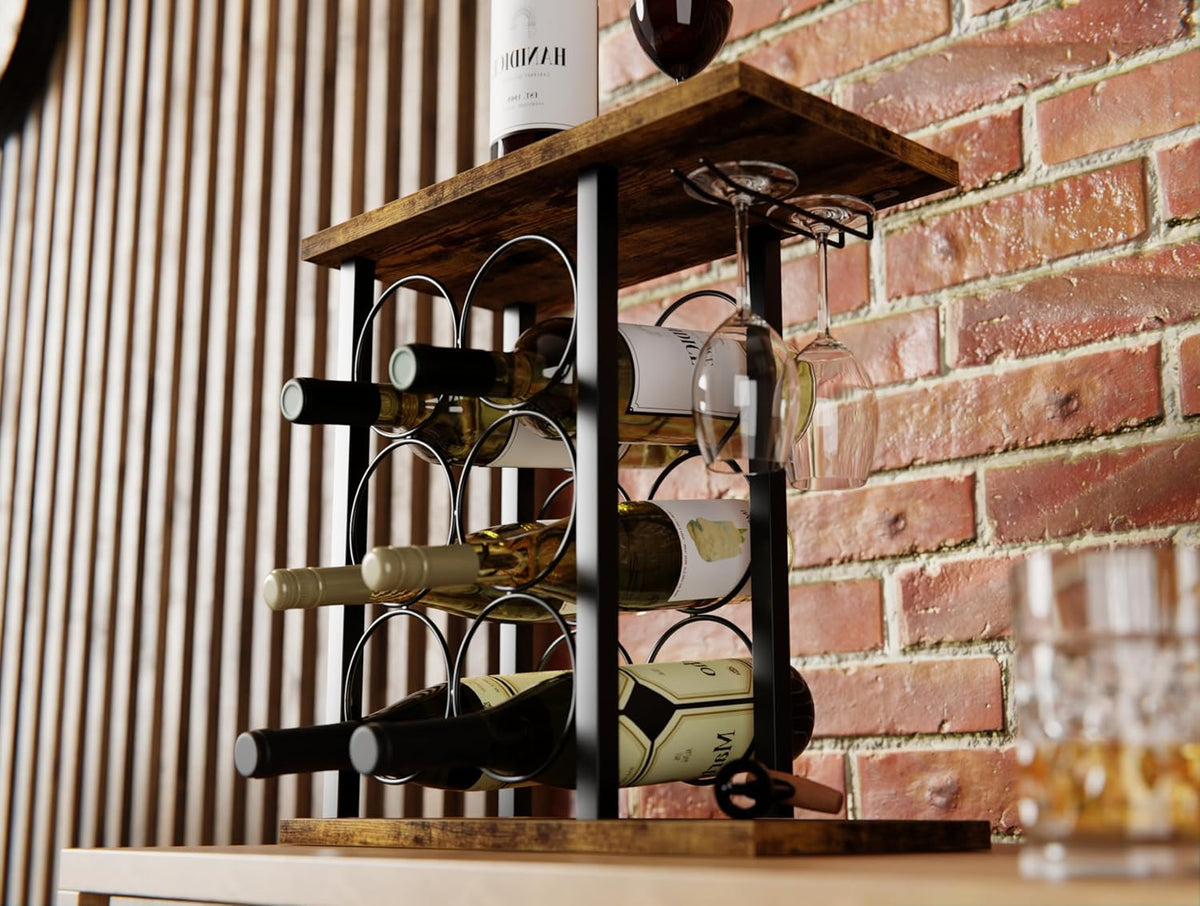 Wine Rack Countertop | Wooden & Metal Holder | Fits 6 Bottles & 2 Glasses