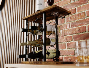 Wine Rack Countertop | Wooden & Metal Holder | Fits 6 Bottles & 2 Glasses