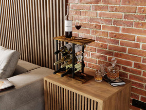 Wine Rack Countertop | Wooden & Metal Holder | Fits 6 Bottles & 2 Glasses