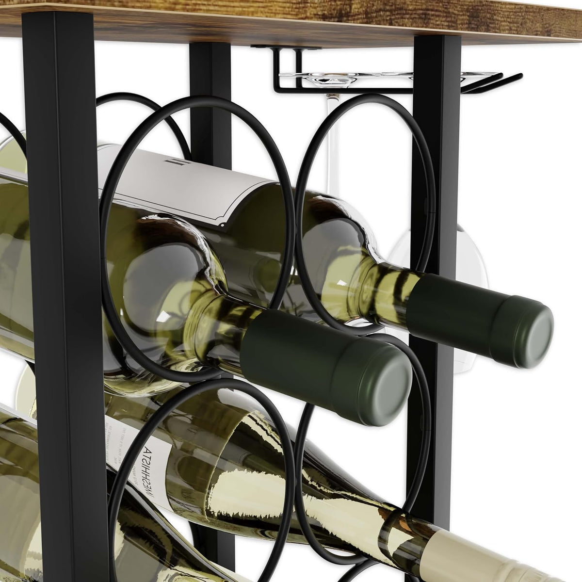 Wine Rack Countertop | Wooden & Metal Holder | Fits 6 Bottles & 2 Glasses