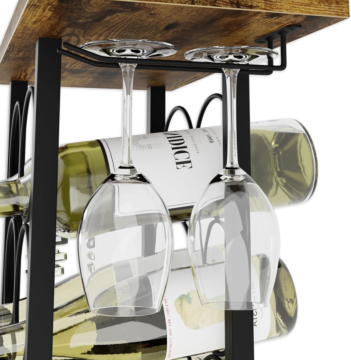 Wine Rack Countertop | Wooden & Metal Holder | Fits 6 Bottles & 2 Glasses