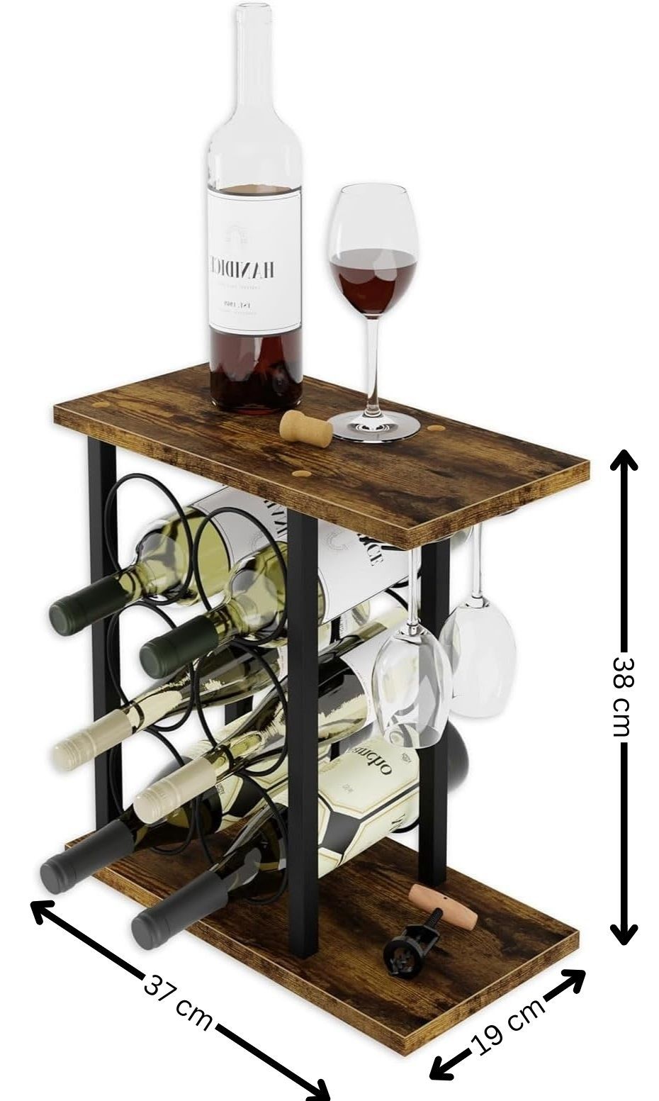 Wine Rack Countertop | Wooden & Metal Holder | Fits 6 Bottles & 2 Glasses