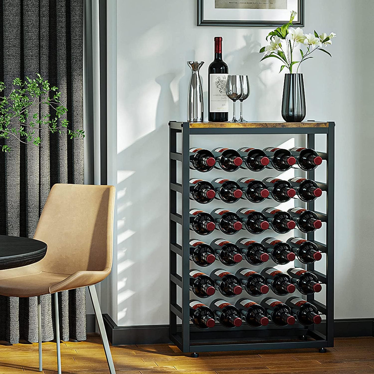 Freestanding Wine Rack | 6-Tier Design for 30 Bottles | Wood Countertop & Metal Frame