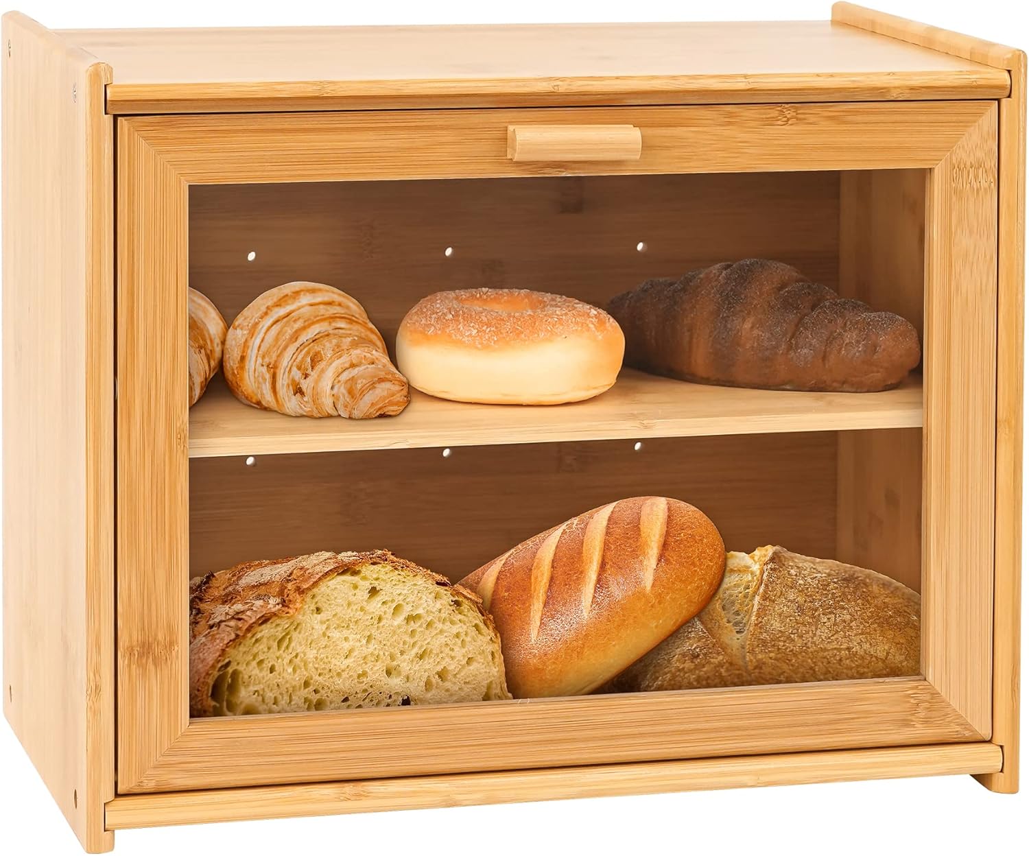 Double Layer Bamboo Bread Box for Kitchen Counter | Large Capacity with Transparent Window