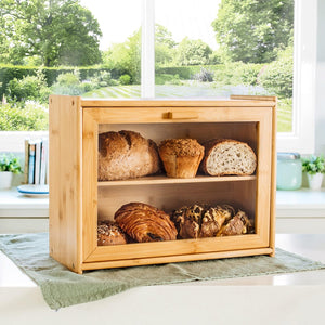 Double Layer Bamboo Bread Box for Kitchen Counter | Large Capacity with Transparent Window