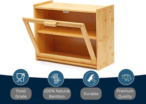 Double Layer Bamboo Bread Box for Kitchen Counter | Large Capacity with Transparent Window
