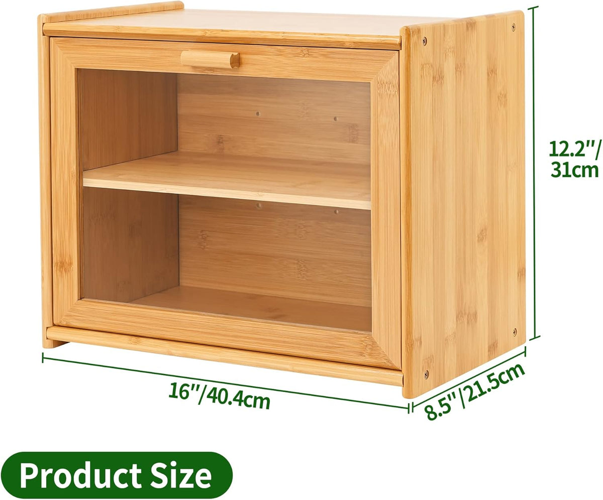 Double Layer Bamboo Bread Box for Kitchen Counter | Large Capacity with Transparent Window