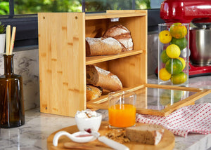 Double Layer Bamboo Bread Box for Kitchen Counter | Large Capacity with Transparent Window