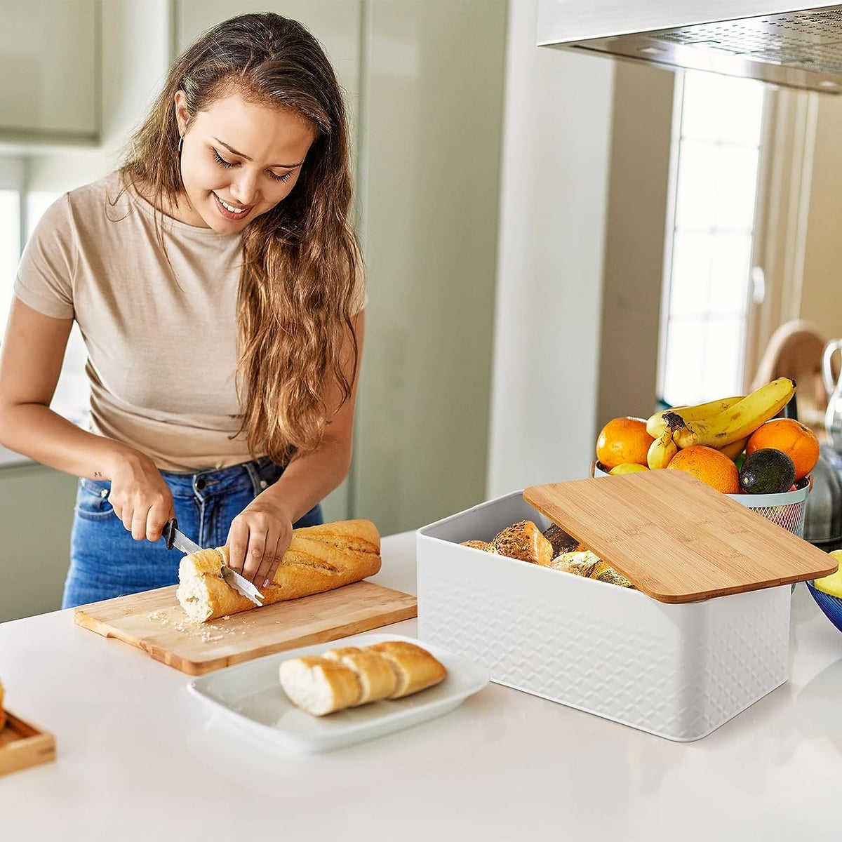 Bread Bin with Bamboo Lid | Used as Chopping Board for Kitchen Countertop