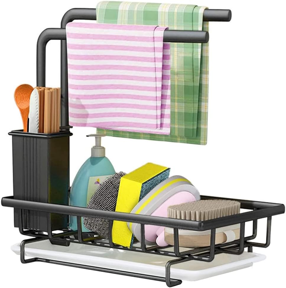 Sink Caddy Sponge Holder with Drain Tray | Brush & Dishcloth Holder for Kitchen Organization