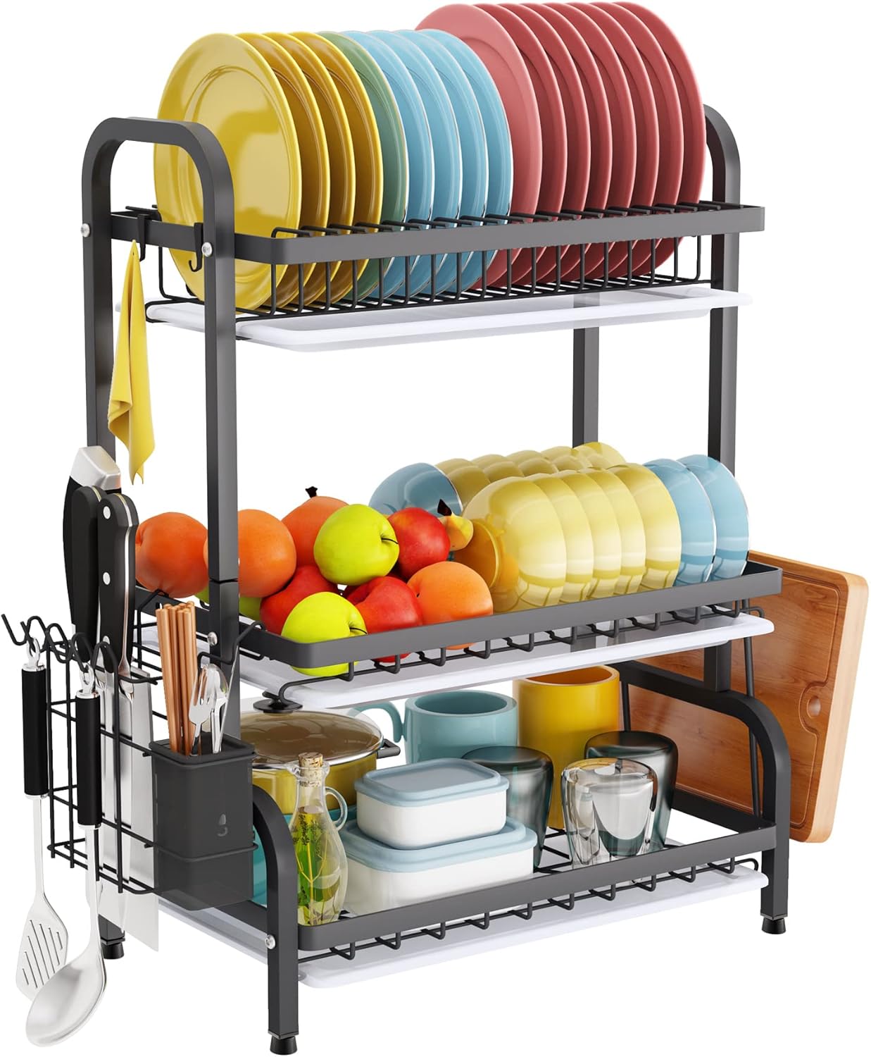 Dish Drying Rack 3 Tier Large Capacity | Kitchen Storage with Utensil & Cutting Board Holder