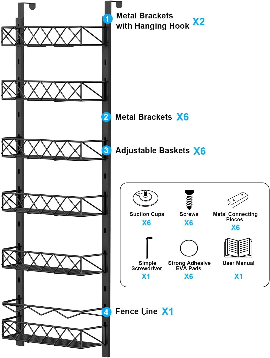 6 Tier Adjustable Baskets Over Door Pantry Organiser | Home Kitchen Storage Solution