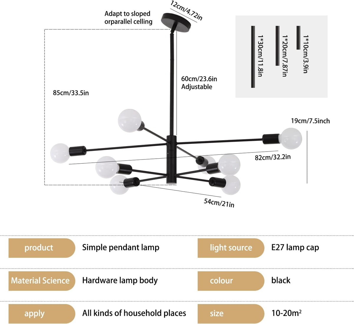 Modern Sputnik Chandelier | 8 Light, Black, Industrial Style