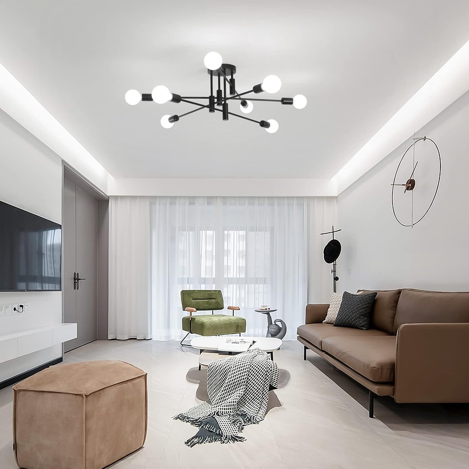 Modern Semi Flush Chandelier | 8 Light, Black, Elegant Design