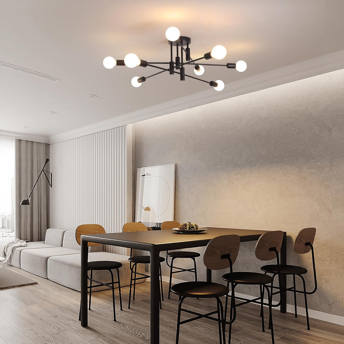Modern Semi Flush Chandelier | 8 Light, Black, Elegant Design