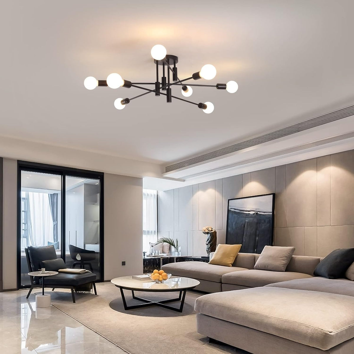 Modern Semi Flush Chandelier | 8 Light, Black, Elegant Design