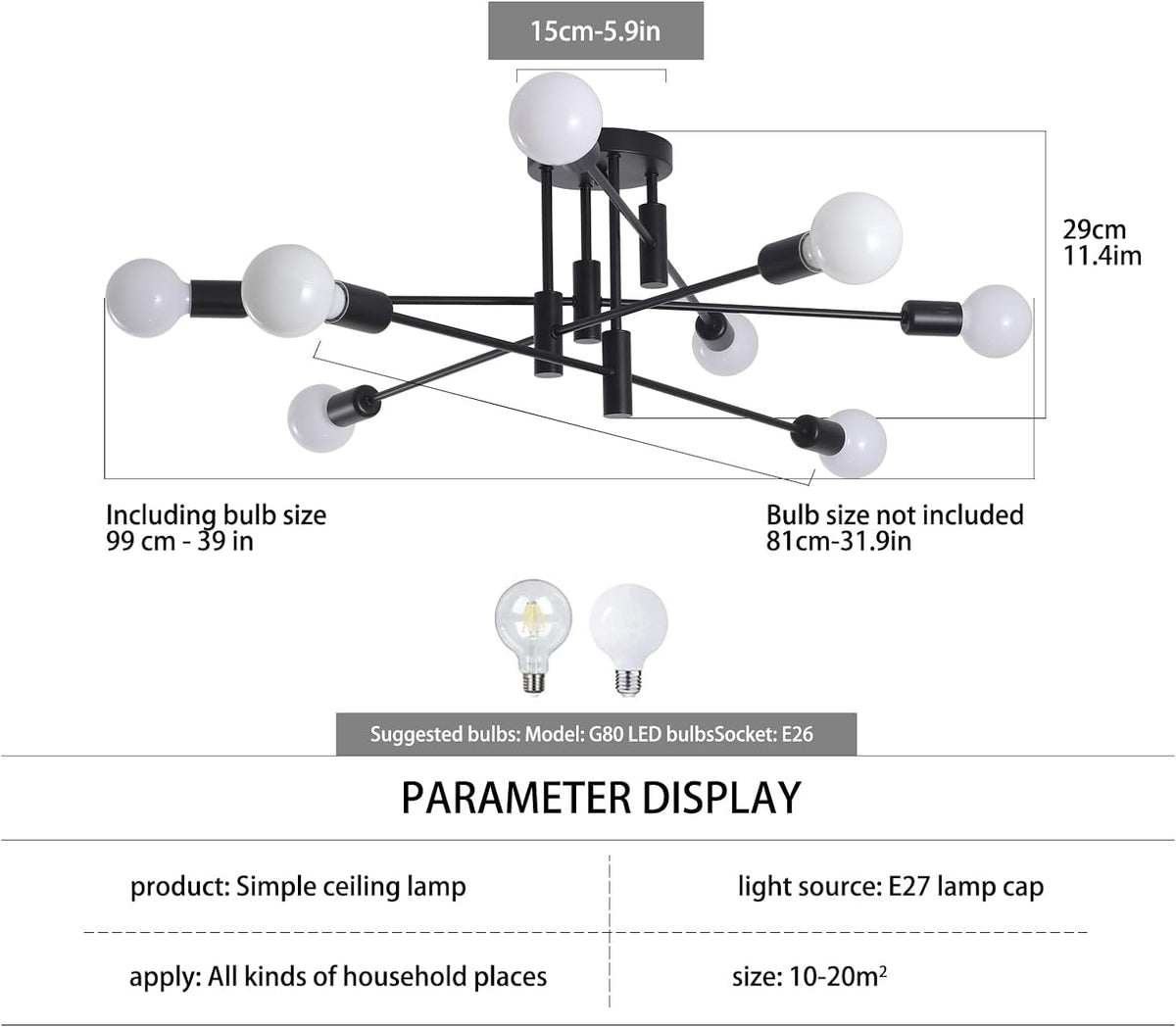 Modern Semi Flush Chandelier | 8 Light, Black, Elegant Design