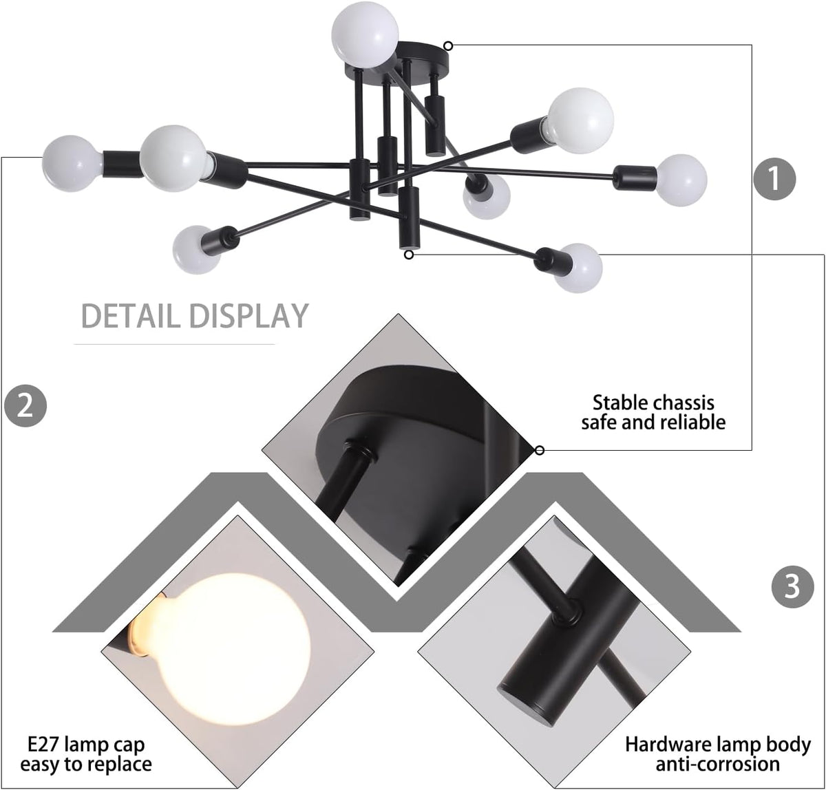 Modern Semi Flush Chandelier | 8 Light, Black, Elegant Design