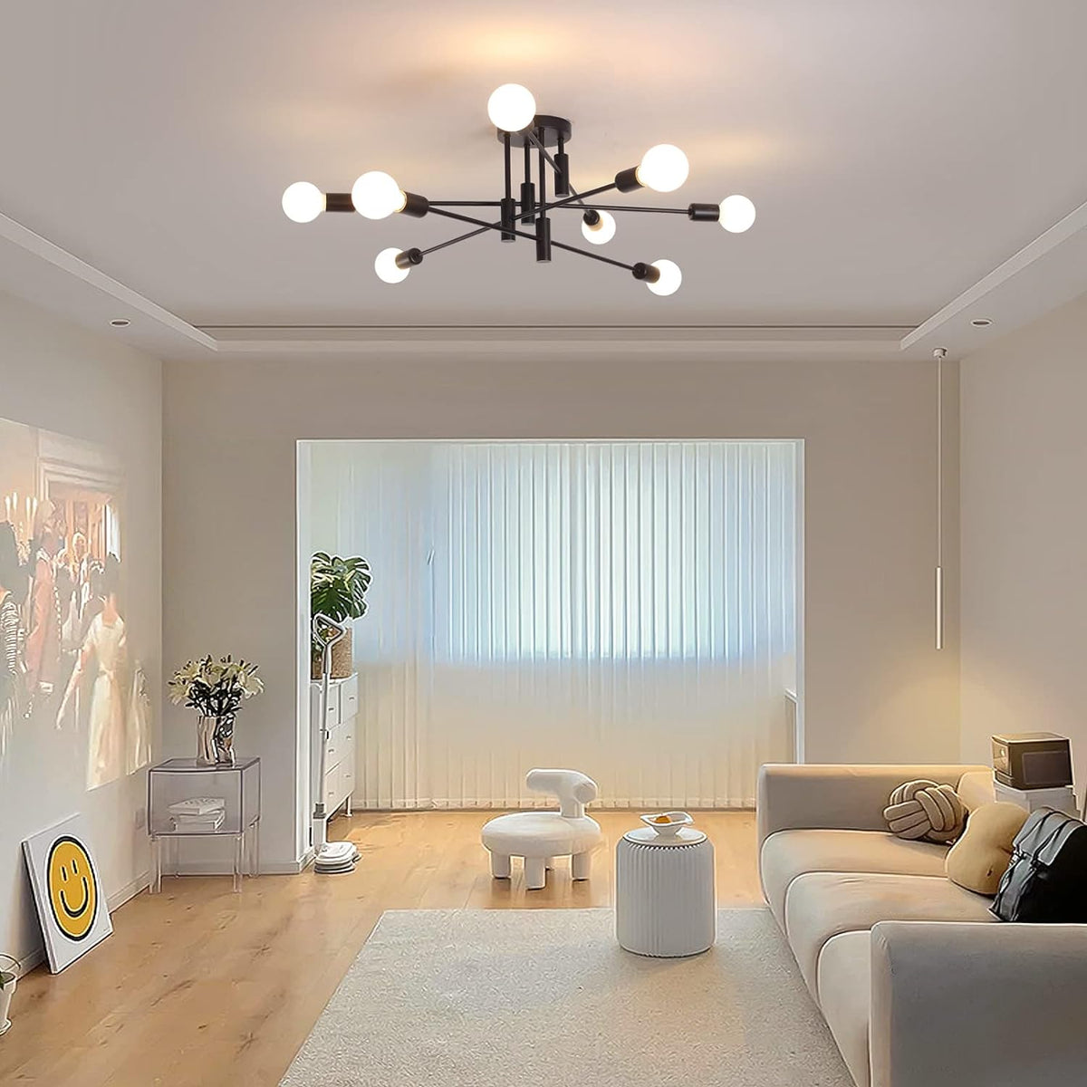 Modern Semi Flush Chandelier | 8 Light, Black, Elegant Design