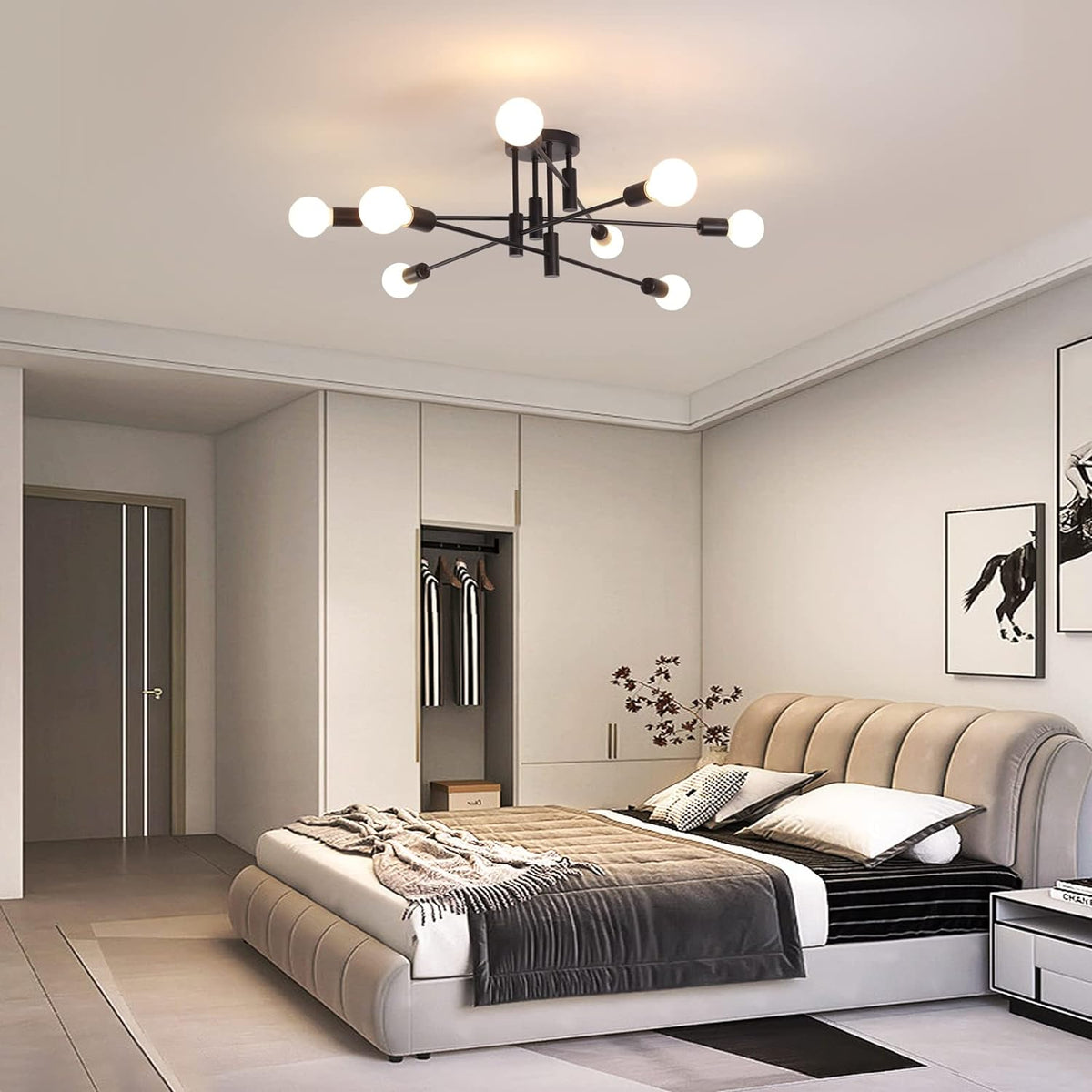 Modern Semi Flush Chandelier | 8 Light, Black, Elegant Design