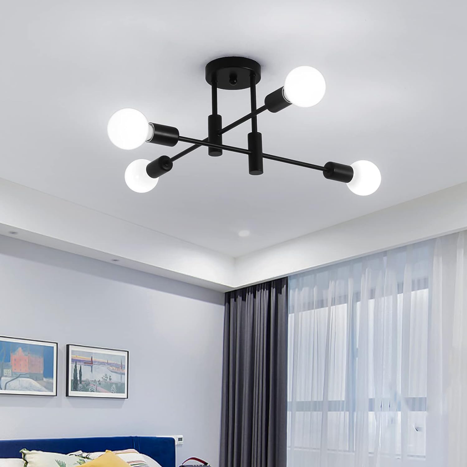 Mid Century Chandelier Modern | 4-Light, Retro Black & Gold