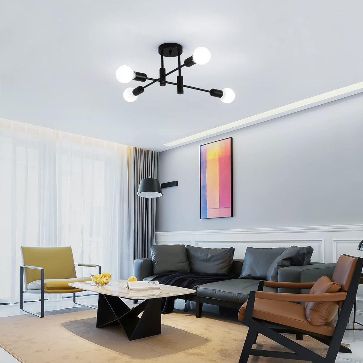 Mid Century Chandelier Modern | 4-Light, Retro Black & Gold