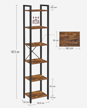 Small 6-Tier Industrial Bookshelf | Rustic Brown, Black